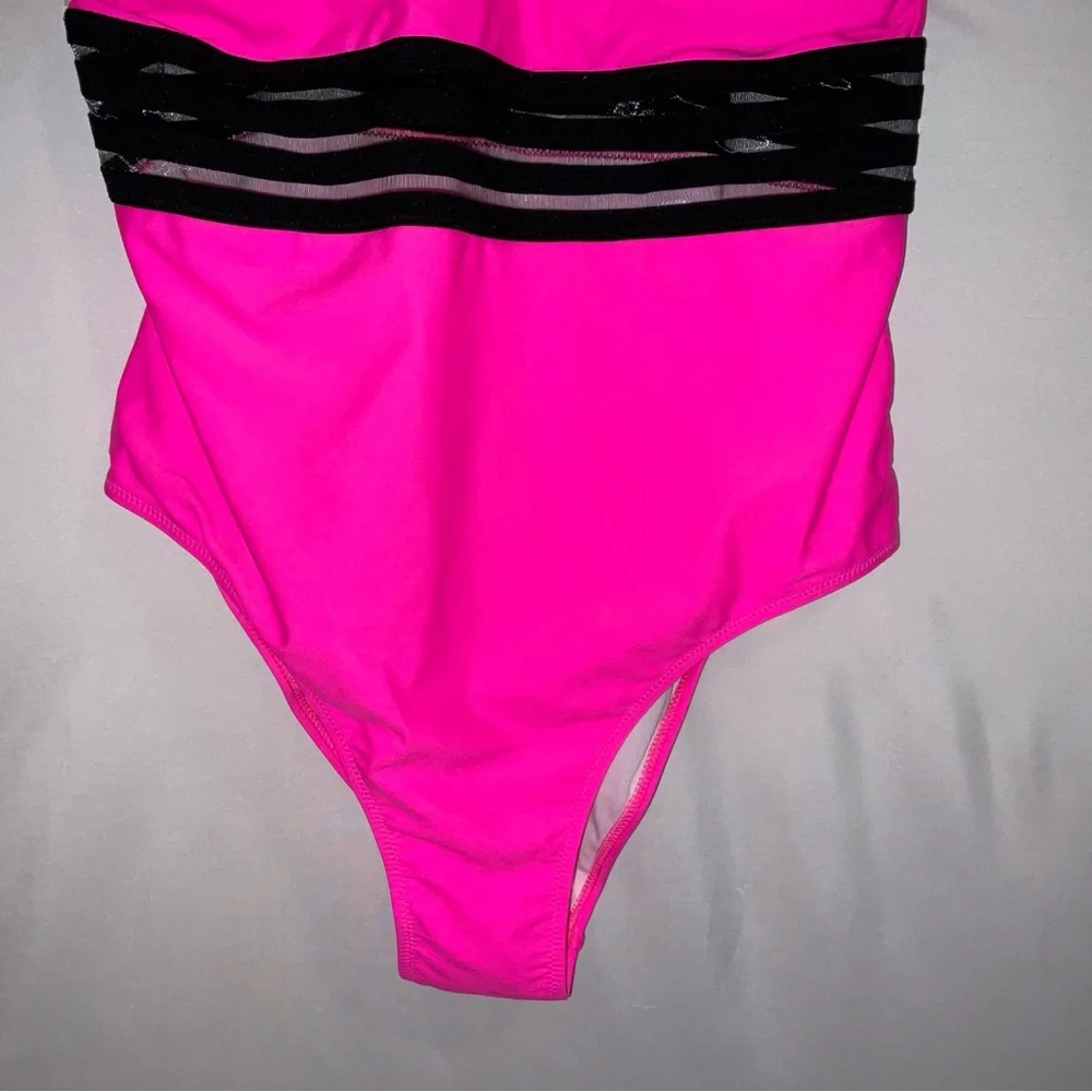 NWT Women’s Tempt‎ Me Neon Pink & Black One Piece Crossover Swimsuit - Large